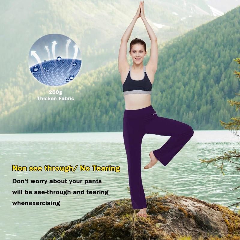 HISKYWIN Inner Pocket Yoga Pants 4 Way Stretch Tummy Control Workout Running Pants, Long Bootleg Flare Pants HF2-Dark Magenta-L - Image 5